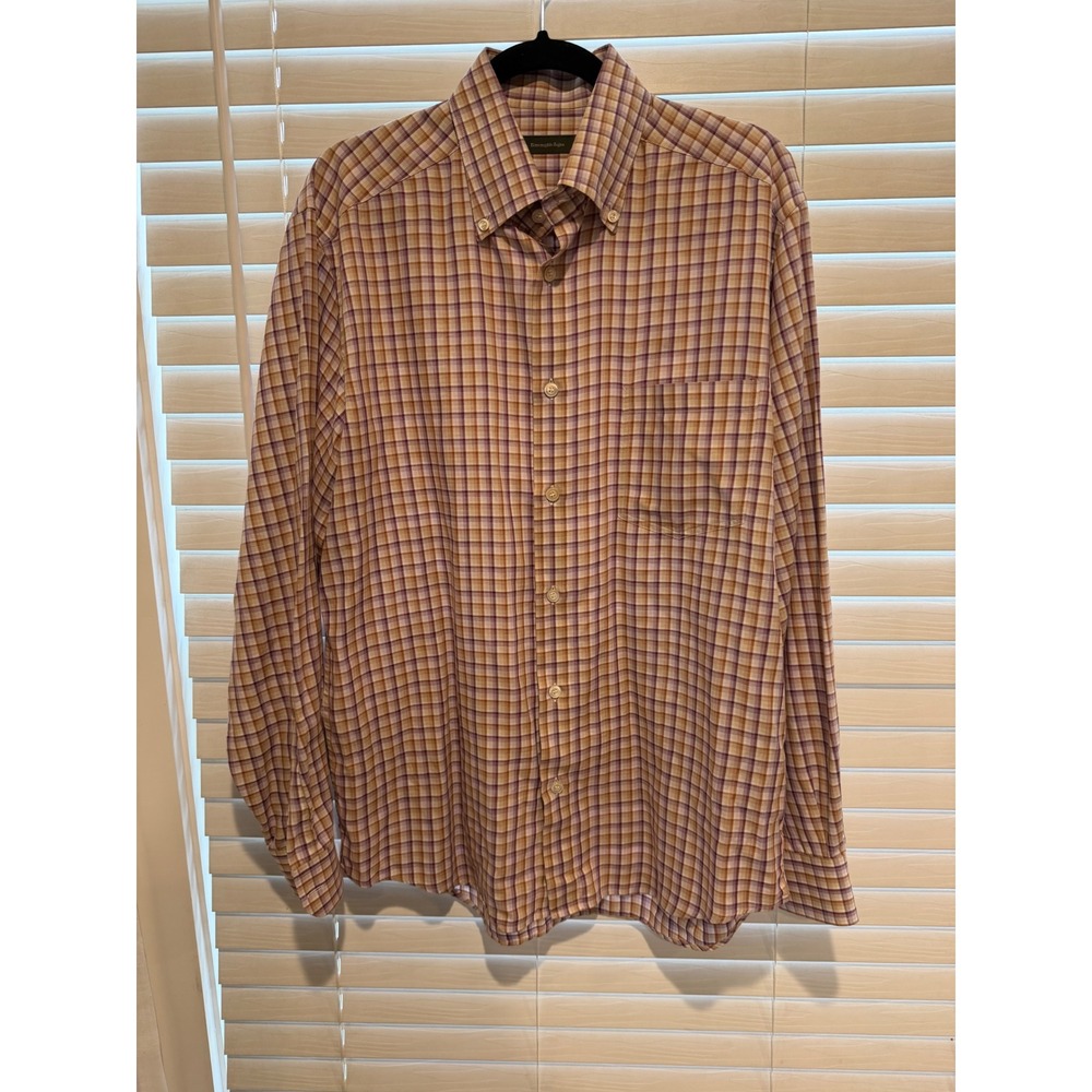 Ermenegildo Zegna Mens Large Purple Tan Plaid Button Down Shirt Long Sleeve L